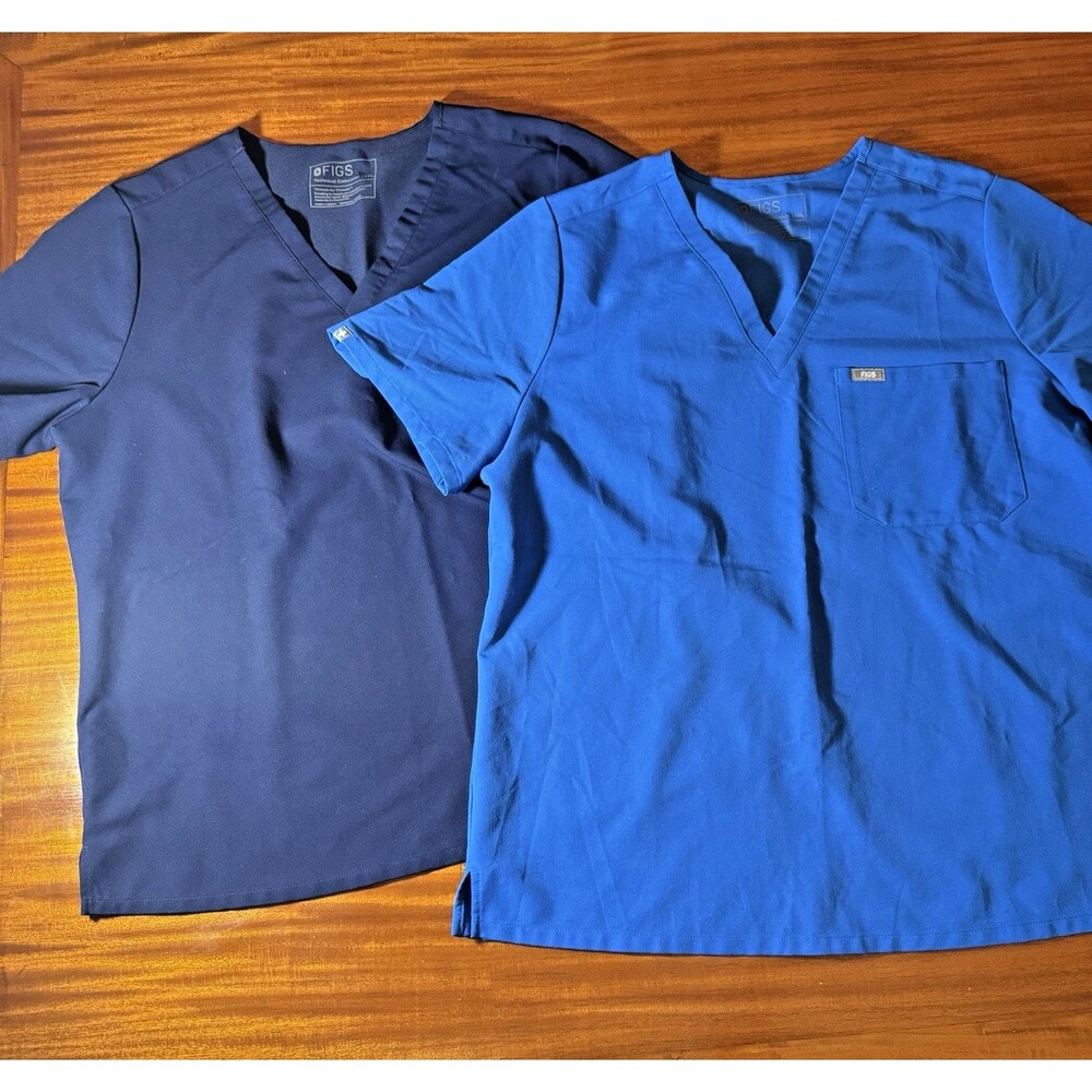 Lot of 2 FIGS Catarina Scrub Tops –Women's XXL – Navy & Medium Blue One Pocket V